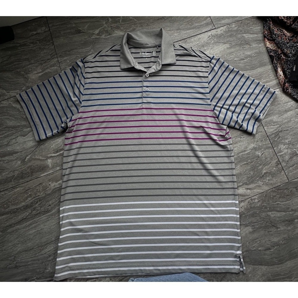 Walter Hagen 11 Majors Golf Polo Shirt Men's Large Gray Striped Performance
0236